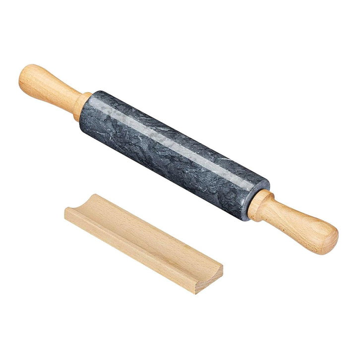 Intirilife Nudelholz aus Marmor mit Ablage in Schwarz - 46.5 cm - Teigrolle, Backrolle, Wellholz, au