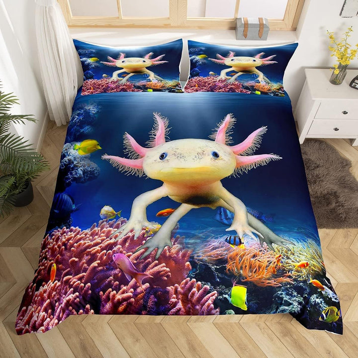 Nette Axolotl Bettbezug Set M Grösse, Fisch Meeresleben Bettwäsche Set für Kinder Teens Mädchen Zimm