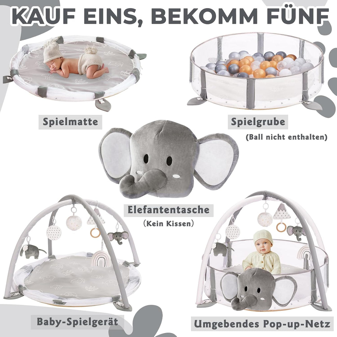 Mallify 5-in-1 XL Baby Spielbogen mit Spielmatte, Spielplatz & Bällebad, Kombiniertes Baby-Spielcent