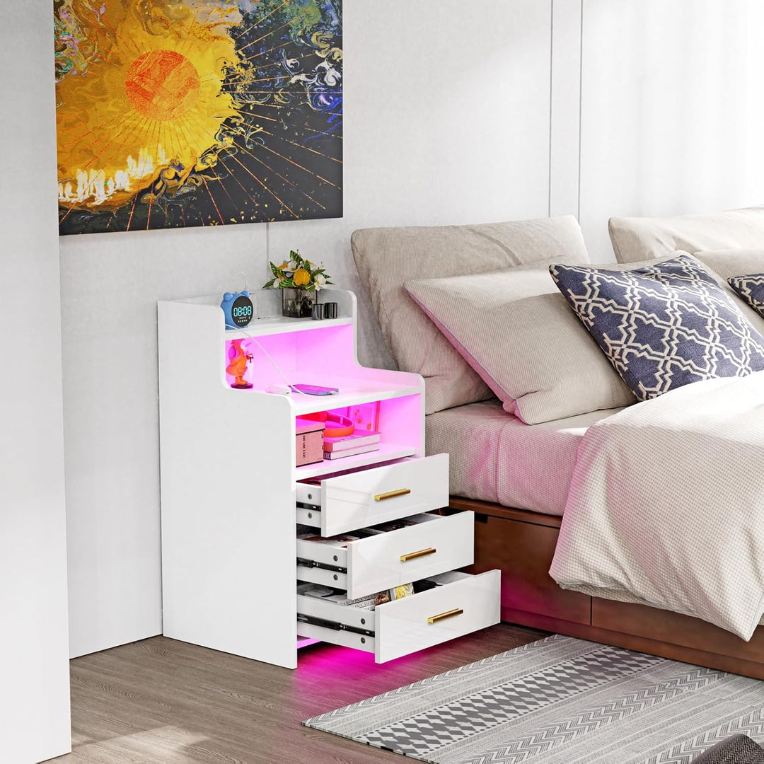PIPIPOXER Nachttisch Weiss 2er Set, Nachttisch mit Steckdose, Nachtschrank mit Led Licht, Nachtkommo