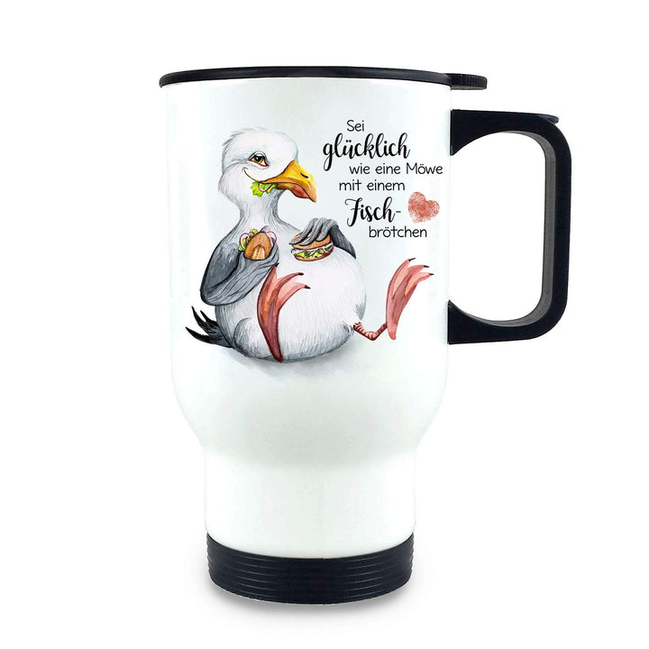 Thermobecher Tasse Becher Kaffeebecher Motiv Möwe Vogel Spruch Sei glücklich wie eine Möwe Geschenk