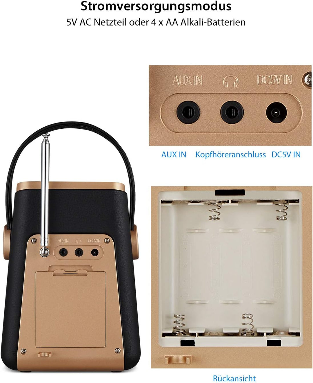 UEME Mini DAB+ DAB Digitalradio und UKW Radio mit Bluetooth Lautsprecher, Radiowecker, und Leder Ver