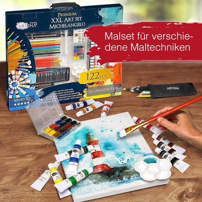 Artina 122tlg XXL Malset mit Staffelei Michelangelo – Künstler Set Acryl & Zeichenset – Buntstifte,