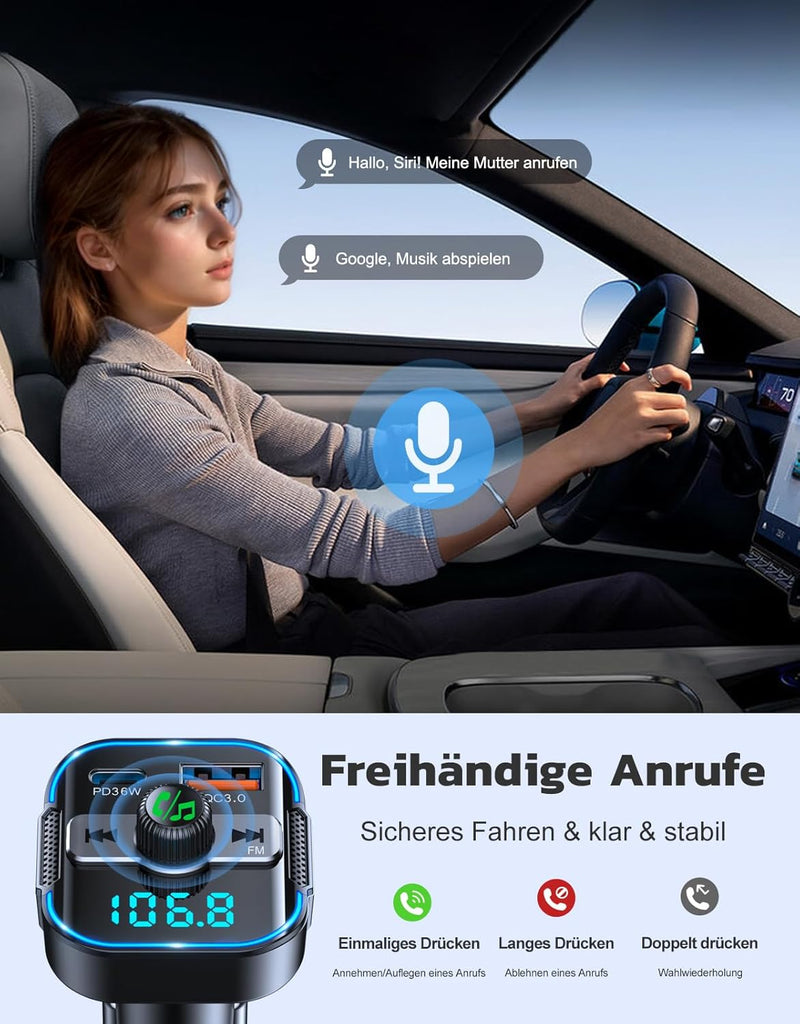 Glangeh 2-in-1 Bluetooth Adapter Auto & Schnelles Autoladegerät (PD 36W & QC3.0 18W) - Neuester FM T