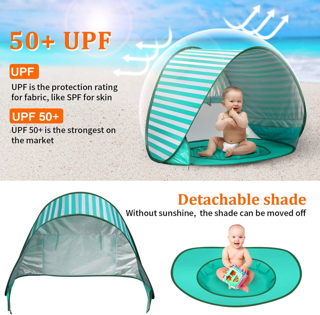 Baby Strandmuschel Pop Up Sonnenschutz Strand mit Minipool, Strandzelt UV Schutz, Atmungsaktiv Porta