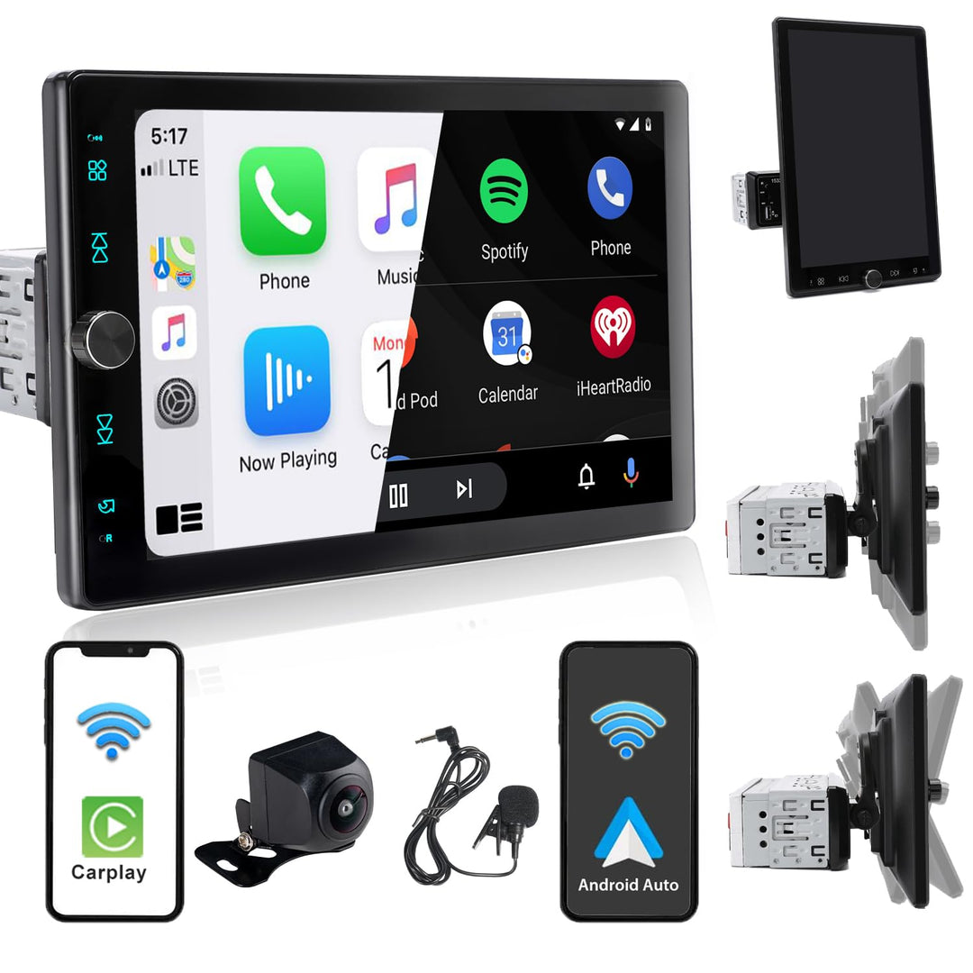 Autoradio 1Din mit 10.4 Zoll drehbar Bildschirm, Kompatibel mit [Wireless] Apple CarPlay/Android Aut