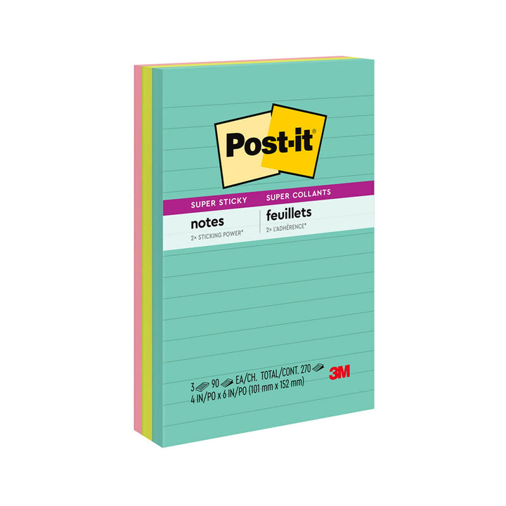Post-it Super Sticky Linierte Notizblöcke, 3 Haftnotizblöcke, 10,2 x 15,2 cm, Schulbedarf für Studen