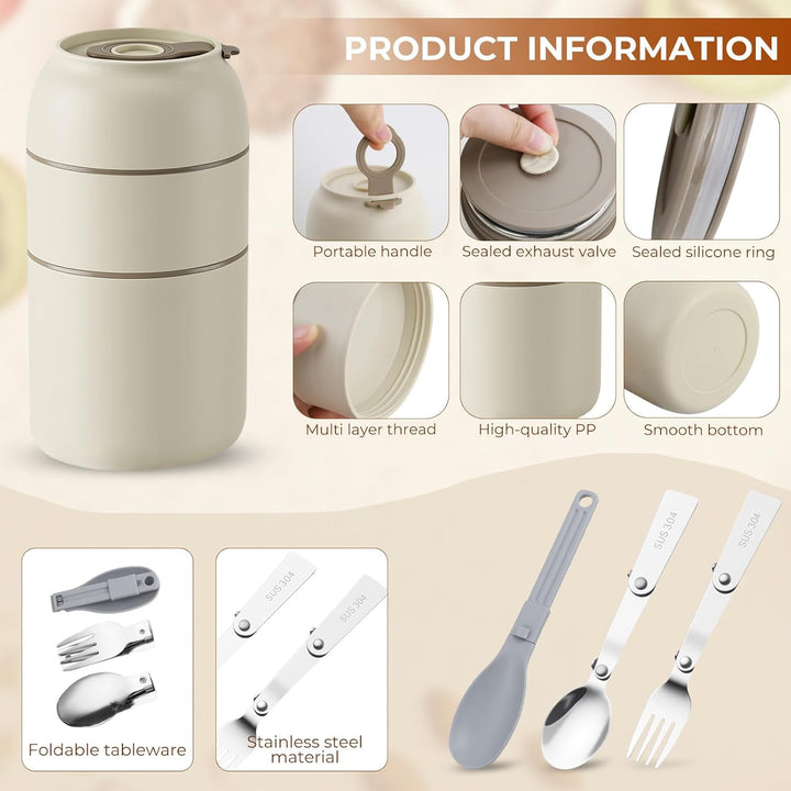 Edelstahl Lunchbox 650ml, Bento Box Edelstahl mit 2 Fächern, Lunchbox mit Besteck, 304 Edelstahl Ess