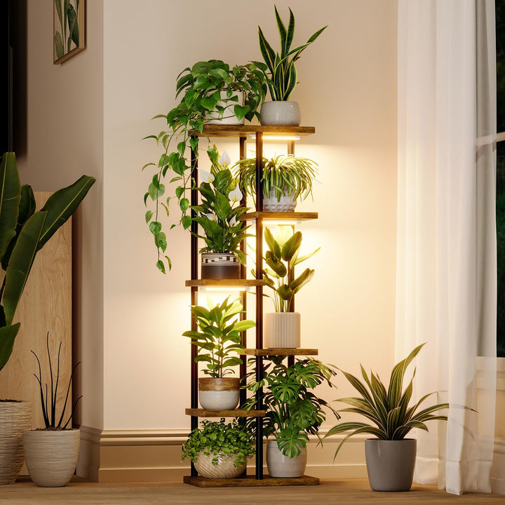Bamworld Pflanzenregal Indoor mit LED-Wachstumslicht, 6 Ebenen Blumenständer Holz & Metall, Mehrstöc