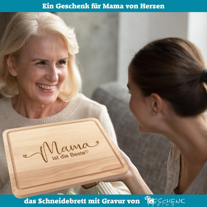 Mama ist die Beste Geschenk - Holz Schneidebrett mit Saftrille 30x22 cm gross, Brotzeitbrett als Ges
