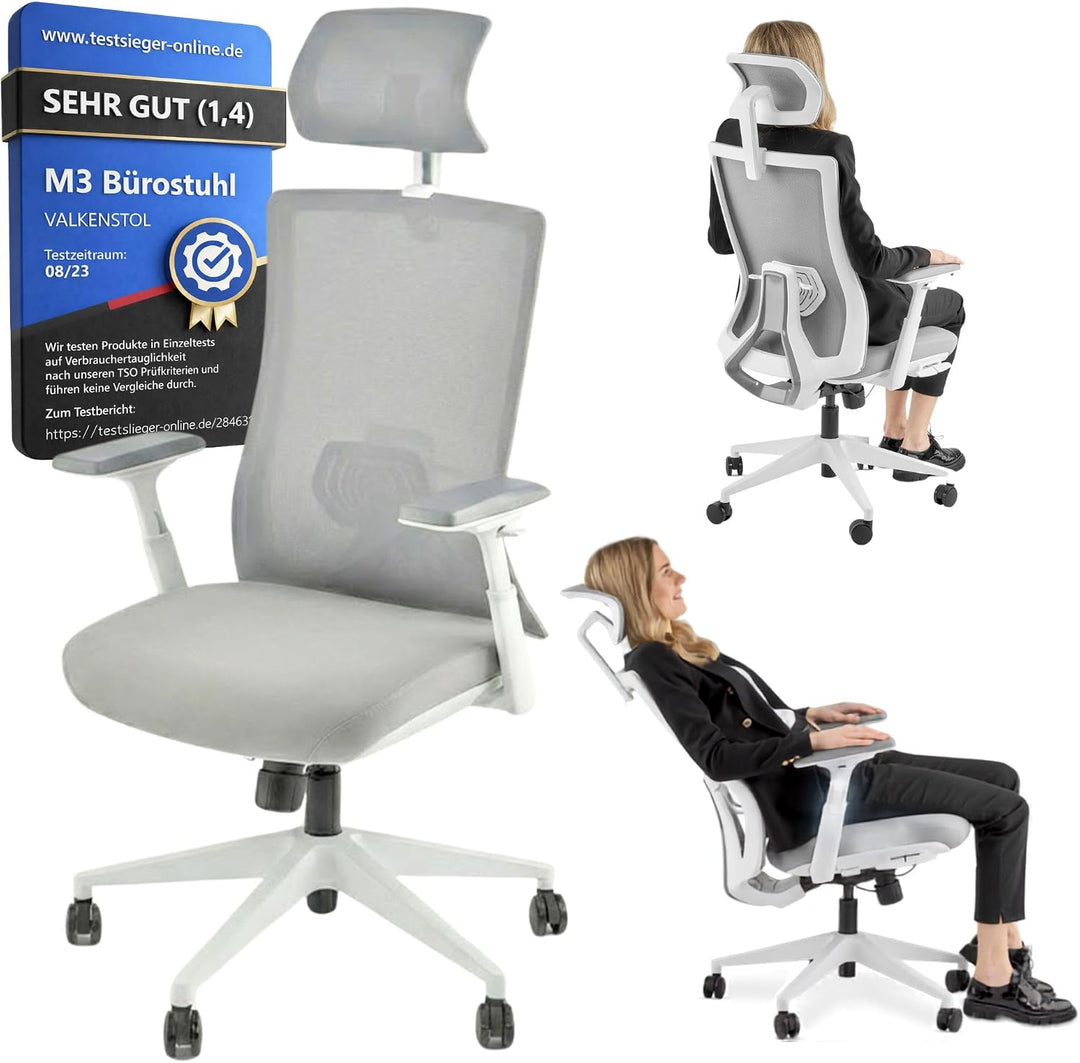 VALKENSTOL M3 Pro Ergonomischer Bürostuhl 150 kg Grau – [Höhenverstellbare Lordosenstütze] Schreibti