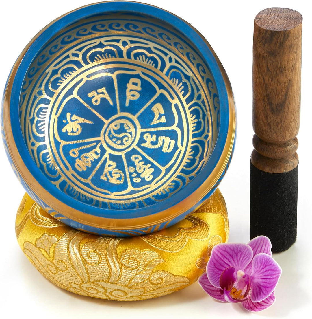 Tibetische Klangschale Set, mit Klöppel und Klangschalenkissen in Loktapapier Geschenk-Box. Singing