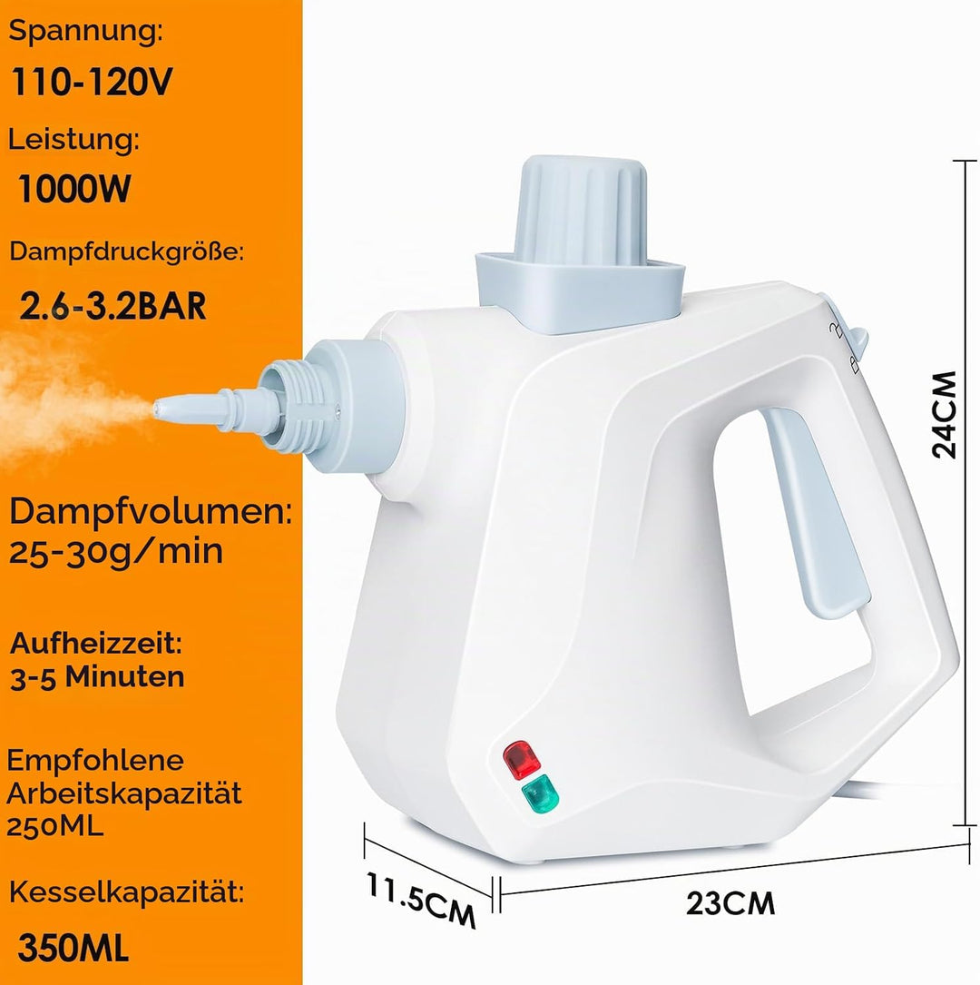 Dampfreiniger Hand, Elektrischer Dampfreiniger Handgerät mit 10 Zubehör, 3,2 Bar &amp; 1000W Dampfreinig