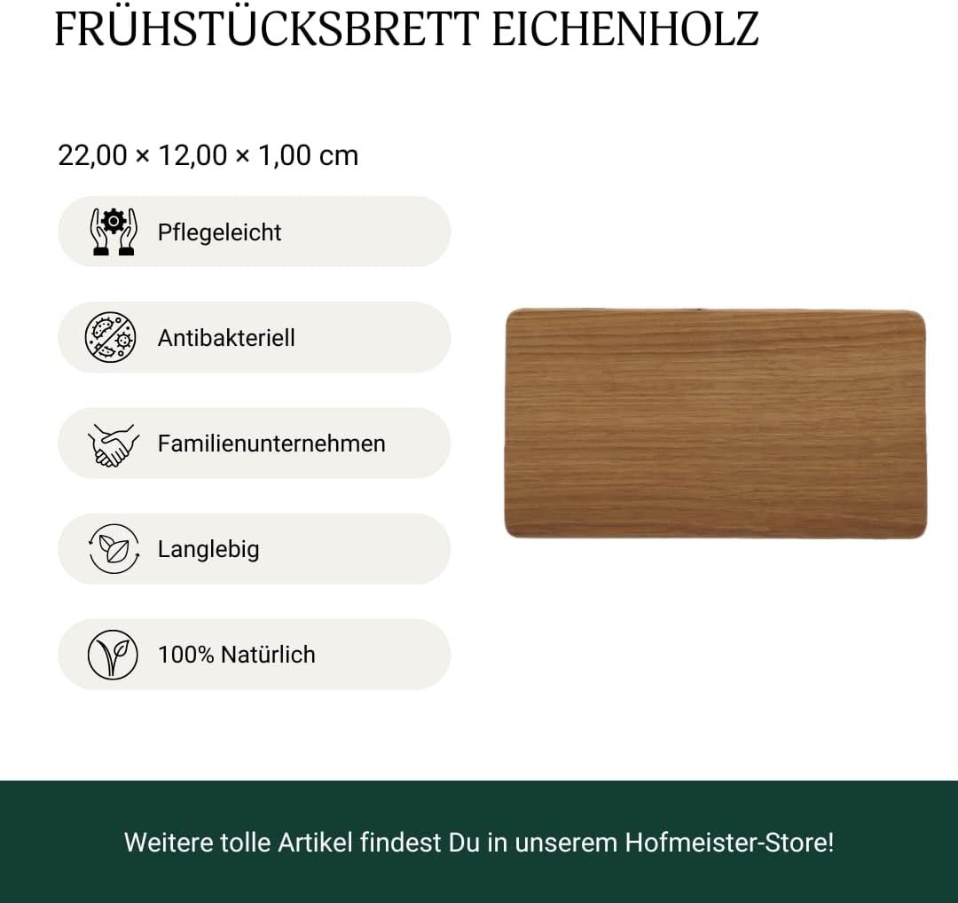 HOFMEISTER® Frühstücksbrett Eiche 22 x 12 cm – geöltes Holzbrettchen für Brot und Käse, massiv, klin