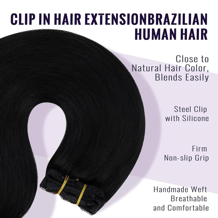 Fshine Clip in Extensions Echthaar Schwarz 60cm 120 Gramm Human Straight Haar Doppelt Weft Extension