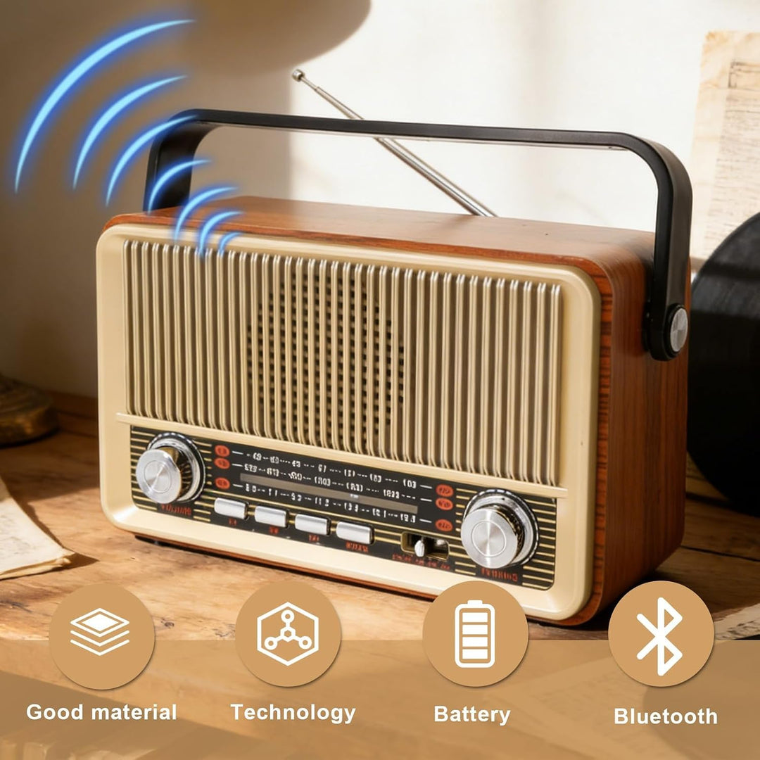 Retro Radio mit Bluetooth AM/FM/SW, Tragbares Nostalgie Kofferradio, Vintage Küchenradio mit USB/TF/