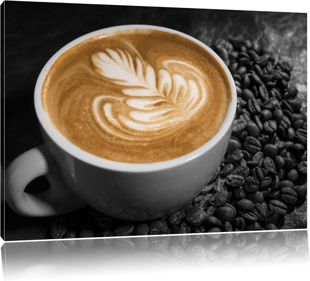 kratives Dekor auf frischem Kaffee schwarz/weiss Format: 100x70 auf Leinwand, XXL riesige Bilder fer