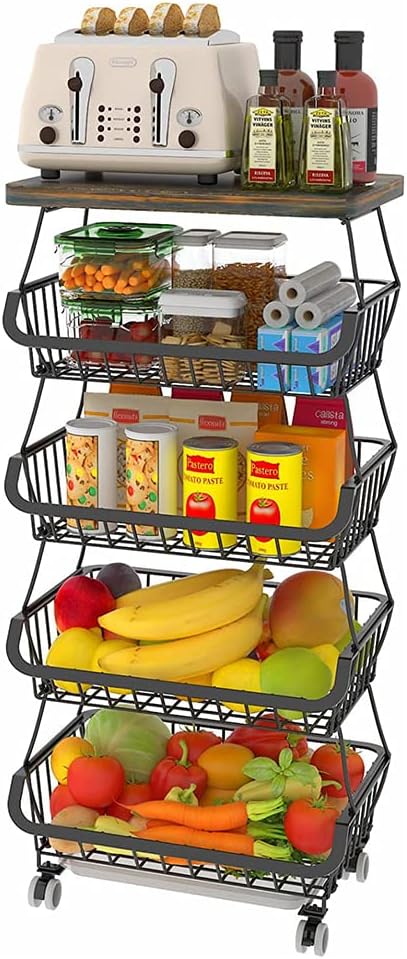 homewell 4-stufiger Gemüsekorb Obstkorb aus Kohlenstoffstahl, für Brot, Gemüse, Snacks und Obst, Pla