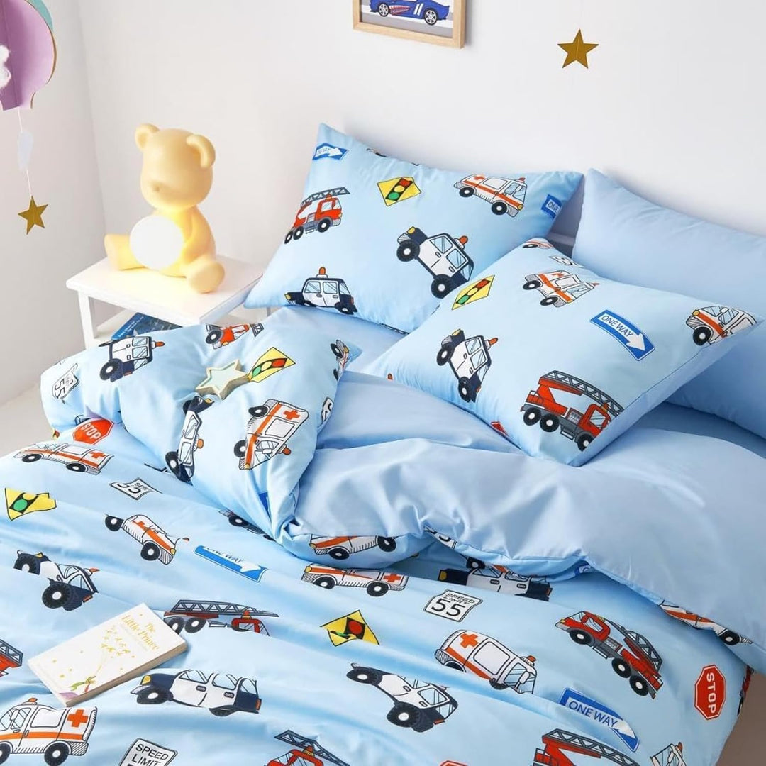 Freyamy Kinder Bettwäsche 135x200cm Blau Bunt Cartoon Auto Jungen Kinderbettwäsche Mikrofaser Cars A