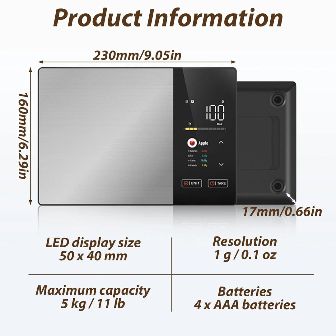 Kalorien Waage Smarte Digitale Küchenwaage mit Nährwertanalyse, Edelstahl-Bedienfeld + TFT-Display,