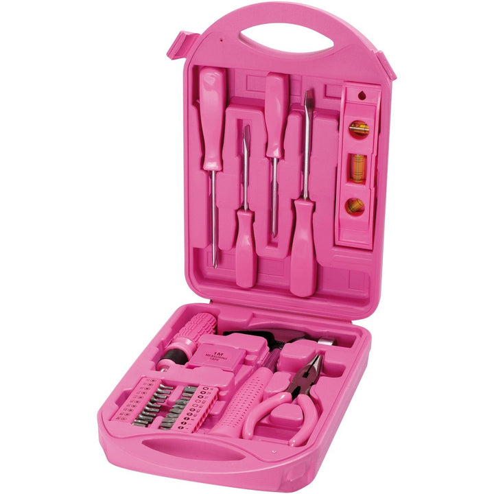 Kleiner, kompakter Werkzeugkoffer in pink mit Werkzeug in pink, Komplett-Set für Frauen, alle Teile