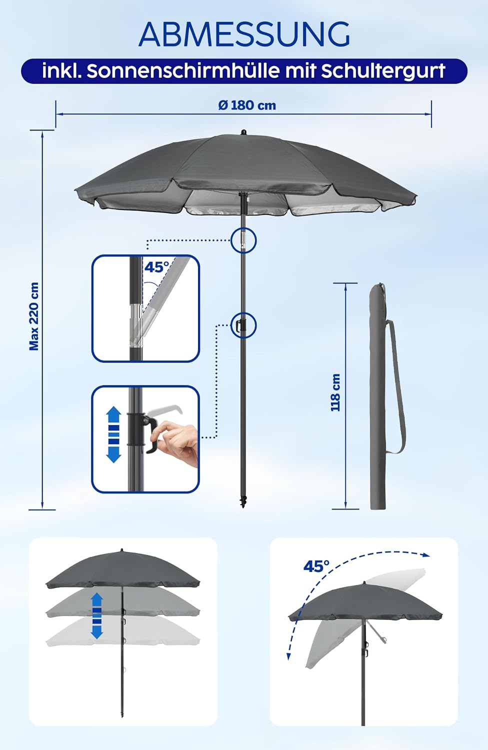4smile Sonnenschirm Strand SunnyJoy, Anthrazit - UPF 50+ Strandschirm Ø 180 cm, sicherer Sonnenschut