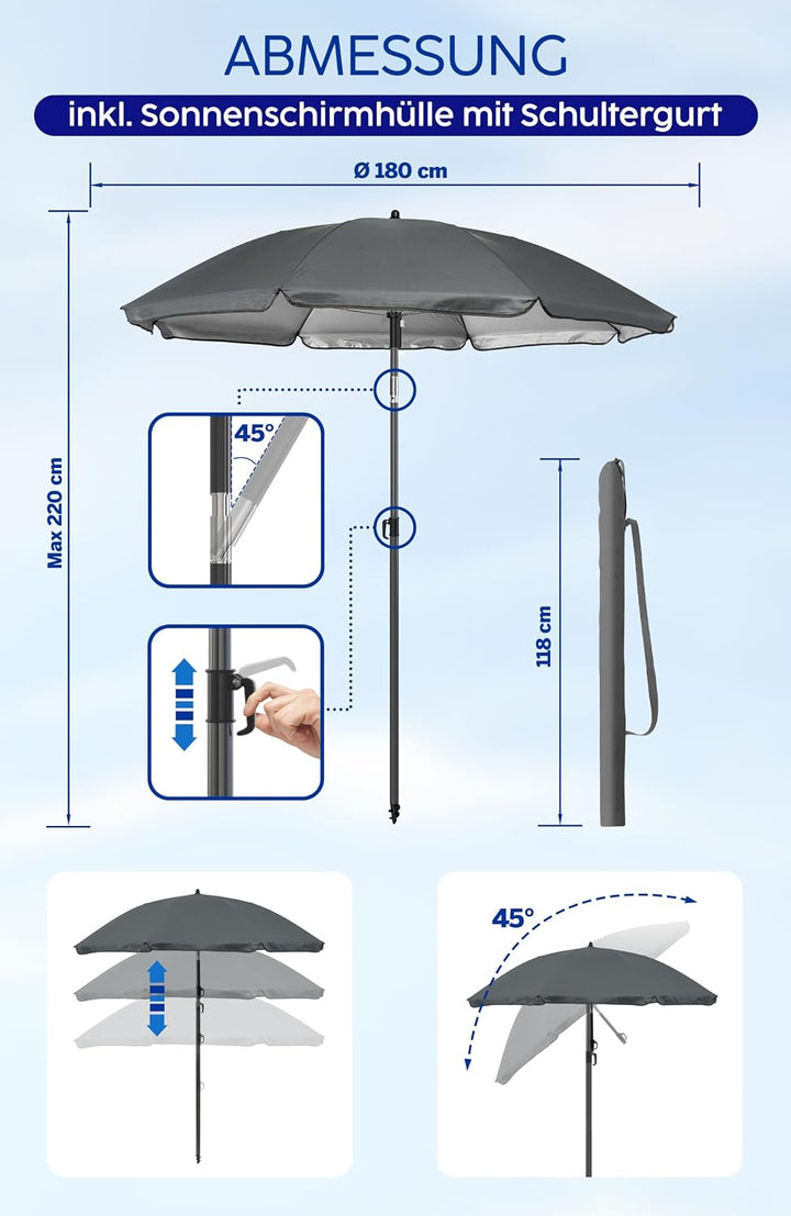 4smile Sonnenschirm Strand SunnyJoy, Anthrazit - UPF 50+ Strandschirm Ø 180 cm, sicherer Sonnenschut