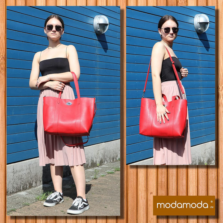 modamoda de - T187 - ital. Shopper DIN A4 Leder Damentasche mit Innentasche Signalrot, Signalrot