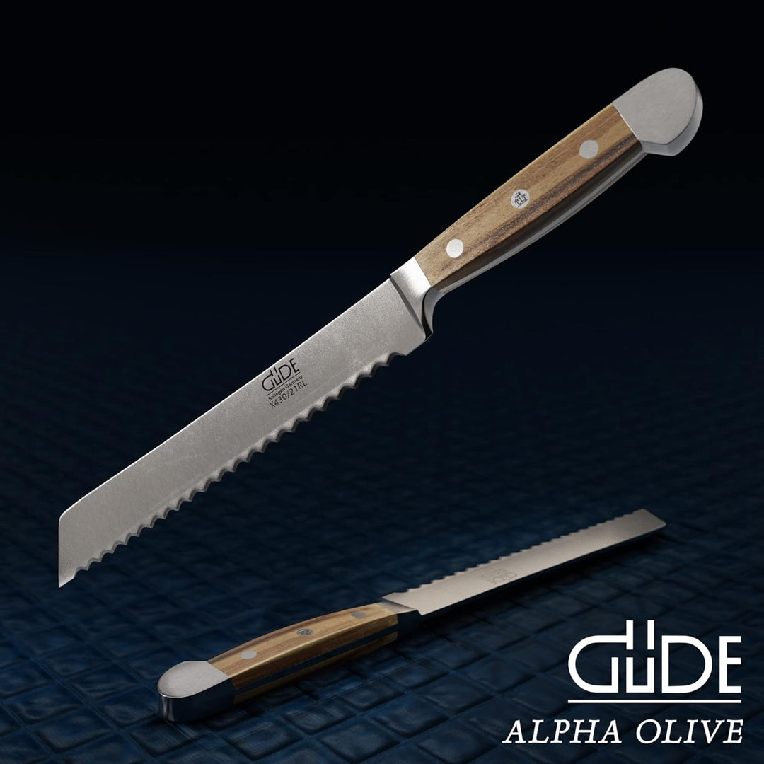 GÜDE Solingen - Brotmesser Links und Rechtshänder geschmiedet, 21 cm, Olivenholz, ALPHA OLIVE, Doppe