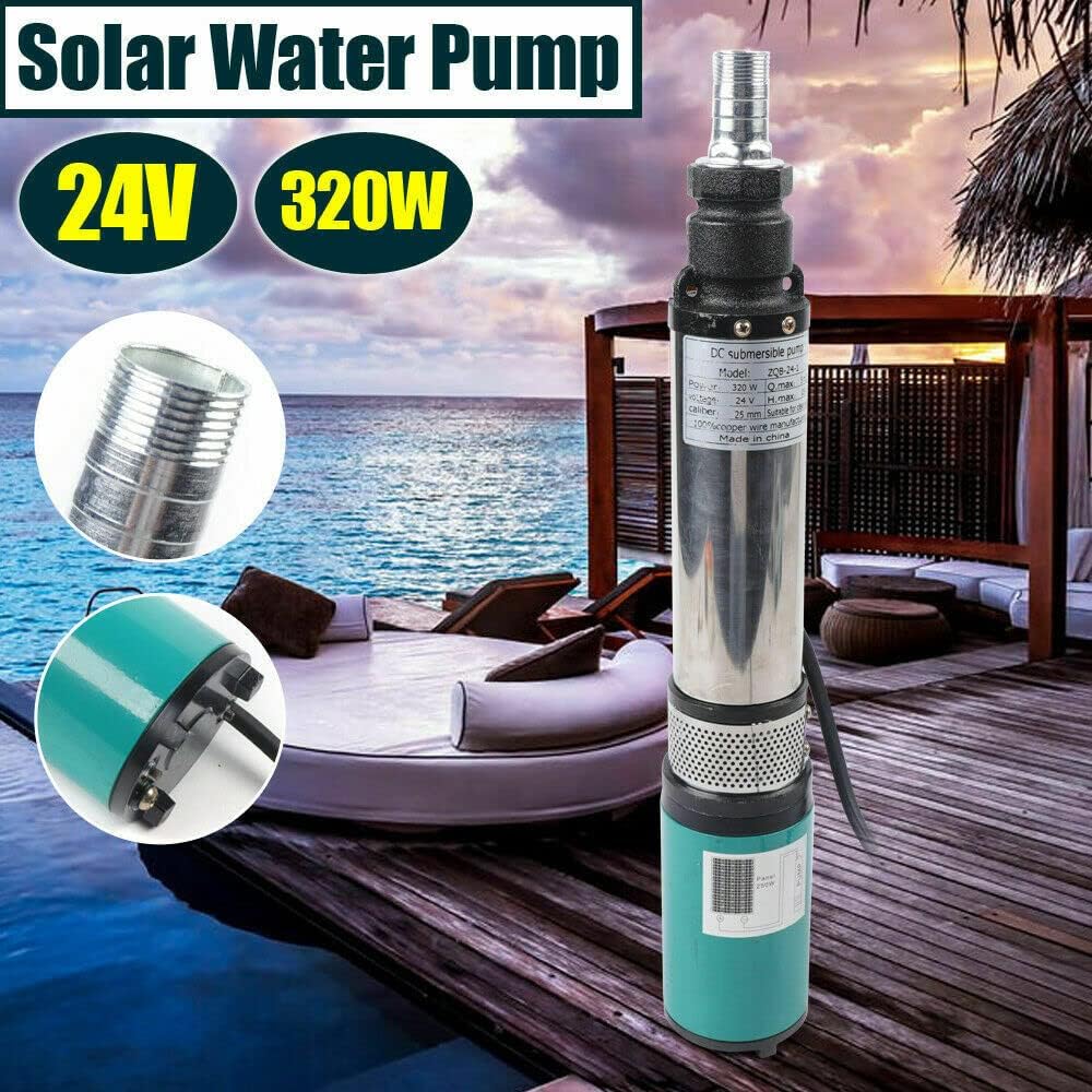 Tiefbrunnenpumpe, 320W Solar Brunnenpumpe Edelstahl DC 24V Wasserpumpe Tauchpumpe 25m 5m³/h Schraube