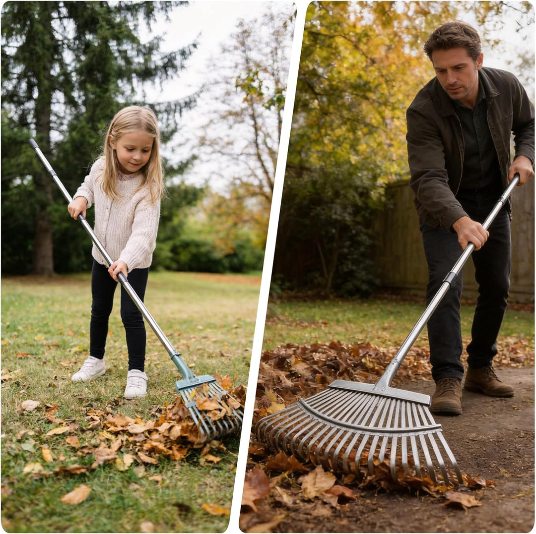 Rechen Garten,25+11 Zinken Laubrechen mit Stiel Metall, Verstellbarer Stiel (70-185 cm),Garten Laubr