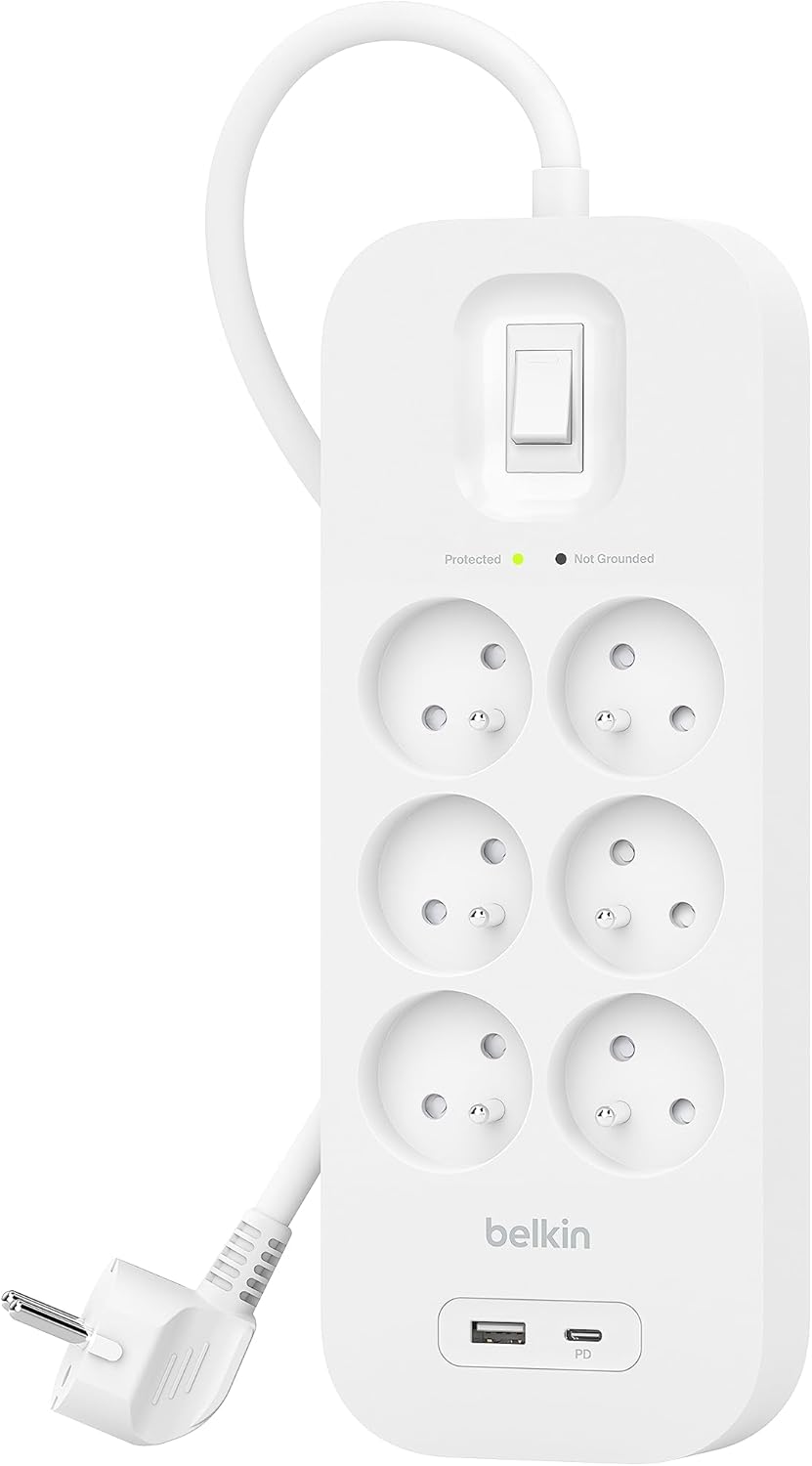 Belkin 6-Fach Steckdosenleiste mit Überspannungsschutz, Wandmontage, 6 Steckdosen, 2-m-Netzkabel, gr