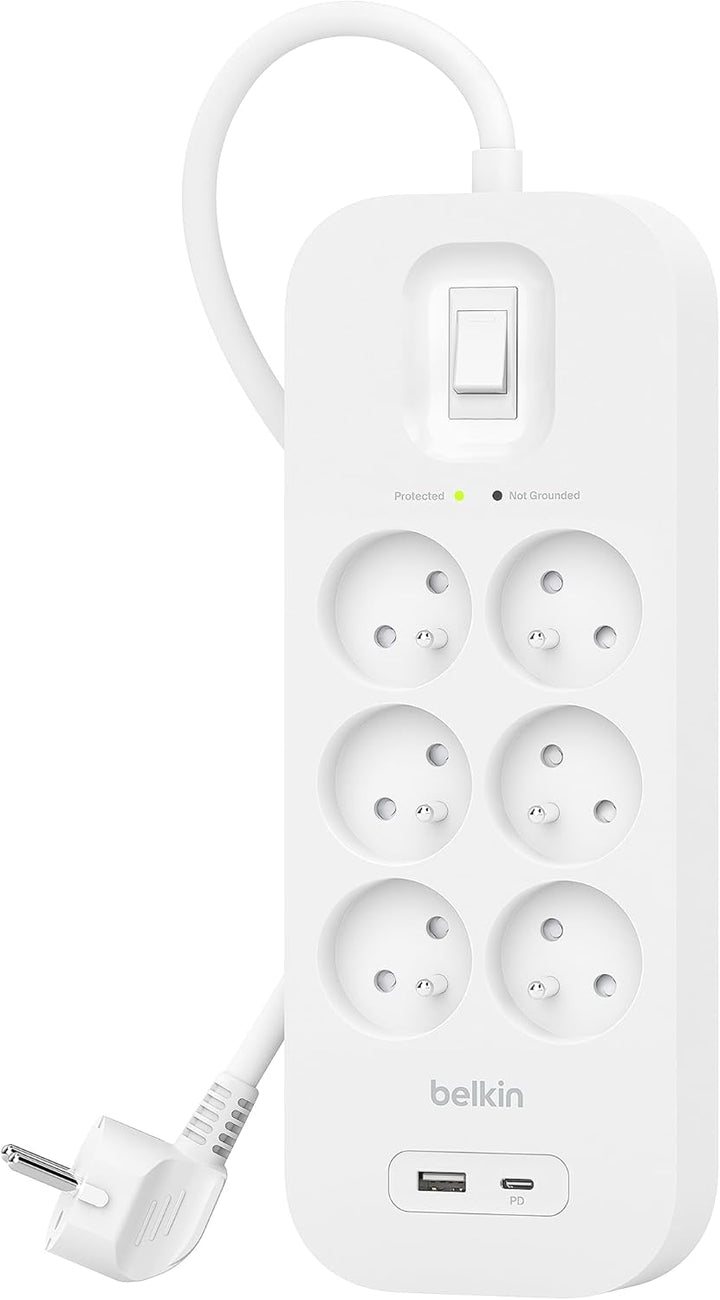 Belkin 6-Fach Steckdosenleiste mit Überspannungsschutz, Wandmontage, 6 Steckdosen, 2-m-Netzkabel, gr