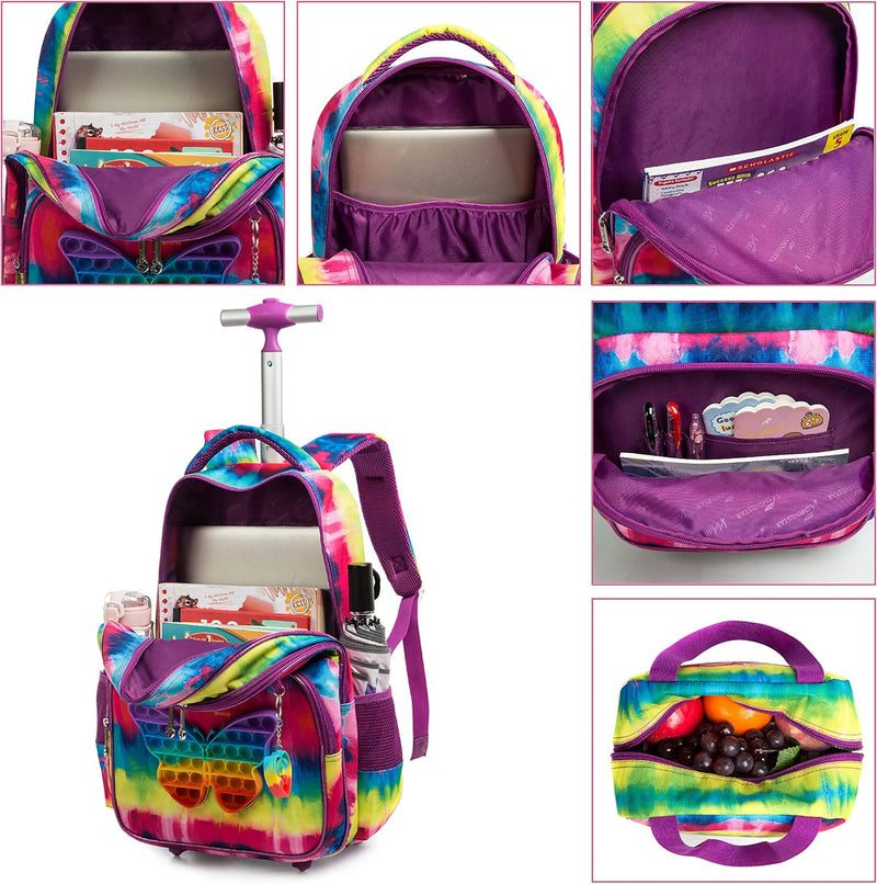 HTgroce Rollrucksack Schulranzen mit Rollen für Mädchen Pop it Rucksack Schulranzen Mädchen Set 3 in