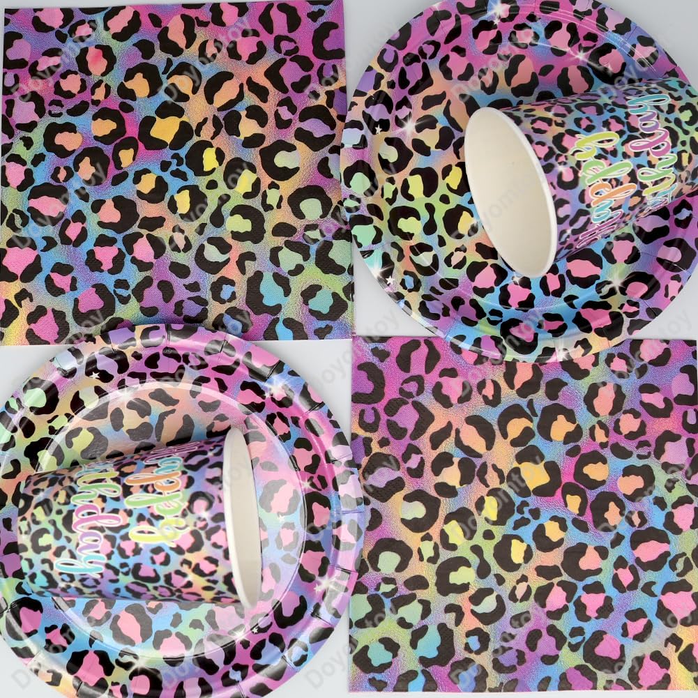 Doyomtoy Leopard Geburtstag Deko, 61 Stück Regenbogen Neon Leoparddruck Partygeschirr Geburtstag Par