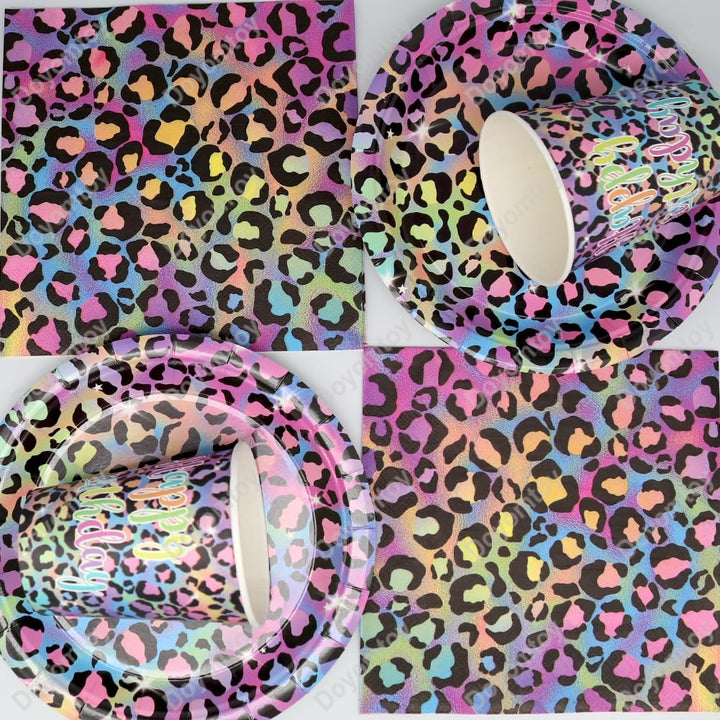 Doyomtoy Leopard Geburtstag Deko, 61 Stück Regenbogen Neon Leoparddruck Partygeschirr Geburtstag Par