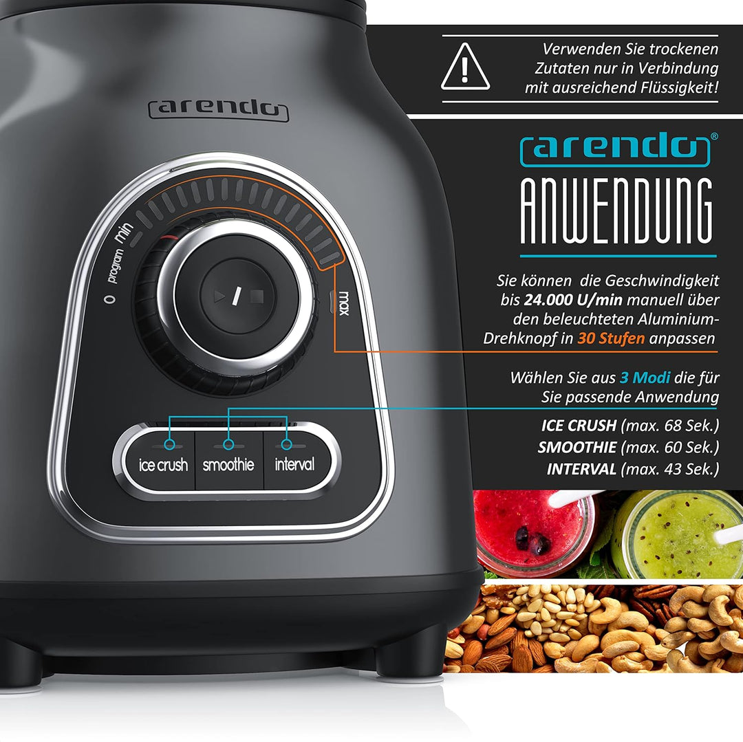 Arendo - Standmixer Edelstahl - Hochleistungsmixer - 1400 Watt - 24.000 U min - Mixer inkl. 1,75 l G