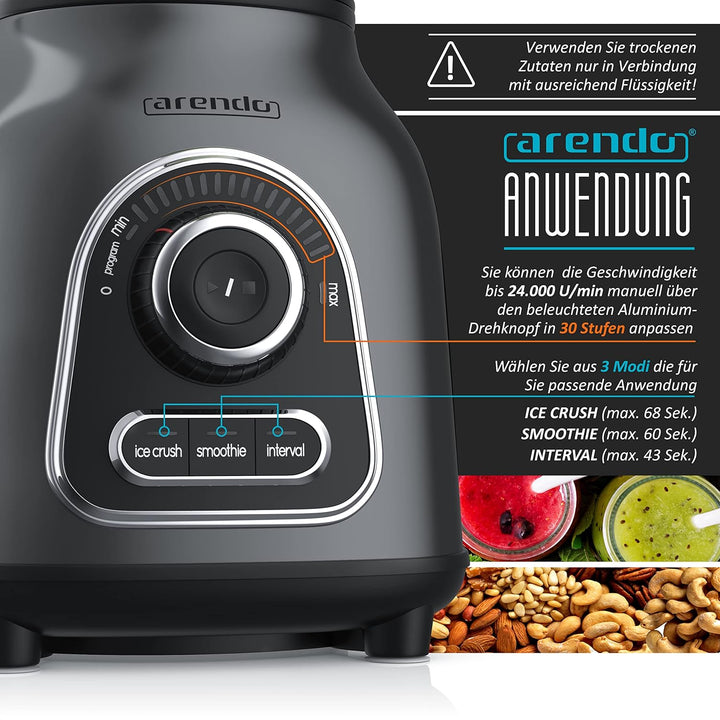 Arendo - Standmixer Edelstahl - Hochleistungsmixer - 1400 Watt - 24.000 U min - Mixer inkl. 1,75 l G