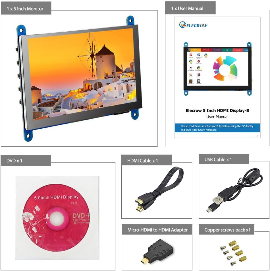 ELECROW Mini Monitor für Raspberry Pi, 5-Zoll HD Touchscreen Monitor 800x480 Kompatibel mit Raspberr