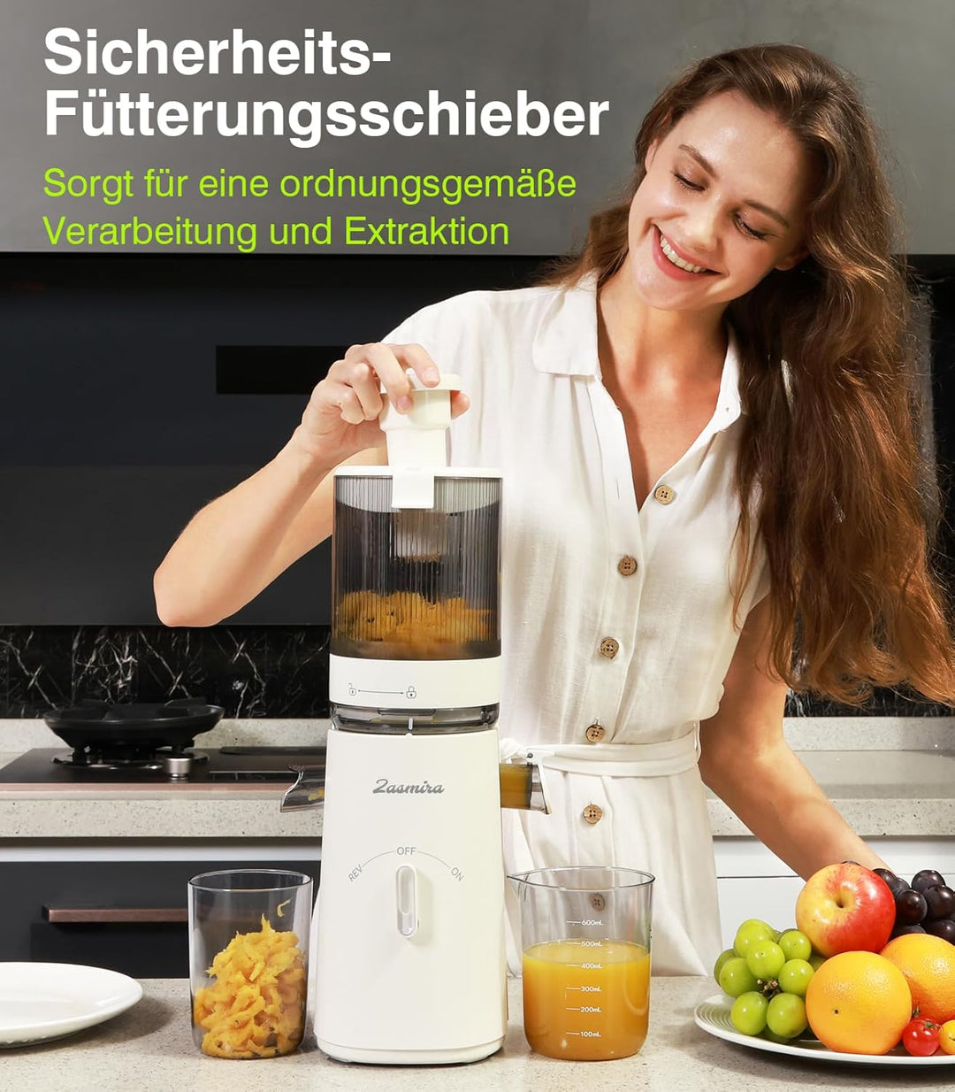 Slow Juicer, Zasmira Neueste Entsafter für Gemüse und Obst mit 120 MM Breitem Einfüllschacht, Hohe S