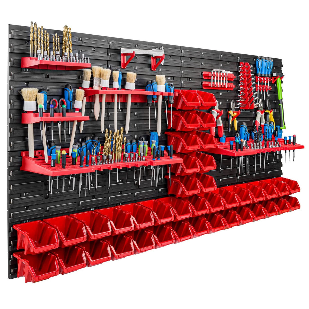 Lagersystem Werkstattregal | 156 x 78 cm | 40 stck. Box | Wandregal mit Werkzeughalterungen und Stap
