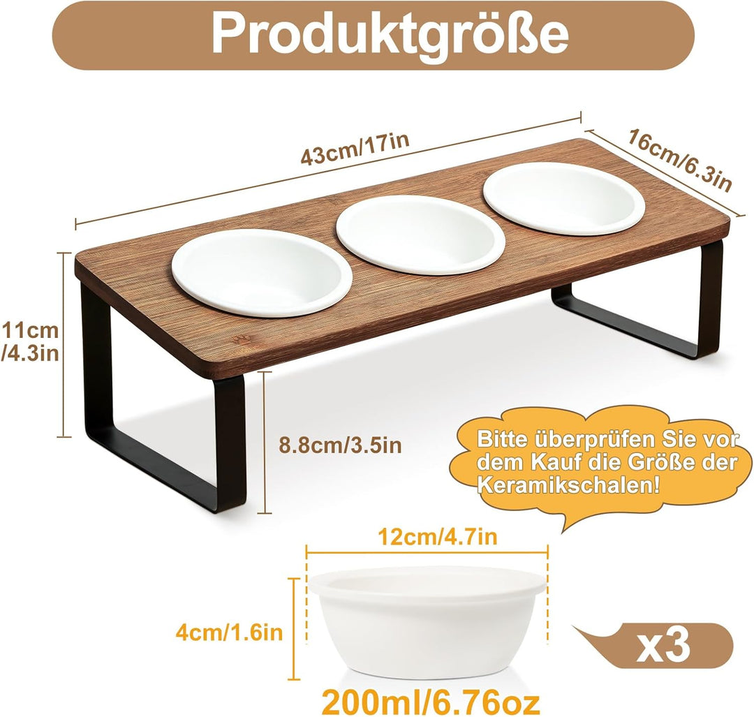 GUUSII HOME Katzennapf Erhöht Futternapf Katze Futterstation, Keramik Napf, Fressnapf 3er Set Holz,