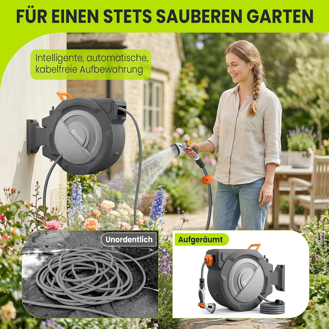 Schlauchtrommel 30m + 2m, 180° schwenkbar, automatischer Rücklauf Schwarz &amp; Grau 30M, Schwarz &amp; Grau