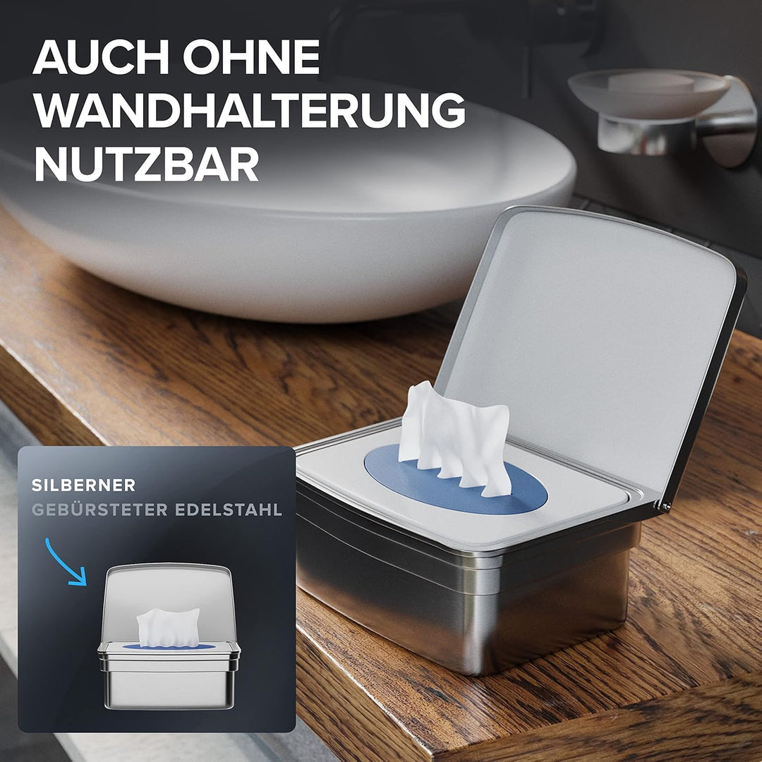ovimar Feuchttücher Box mit Deckel Egense | in edlem Silber poliertem Edelstahl | ohne Bohren | Dami