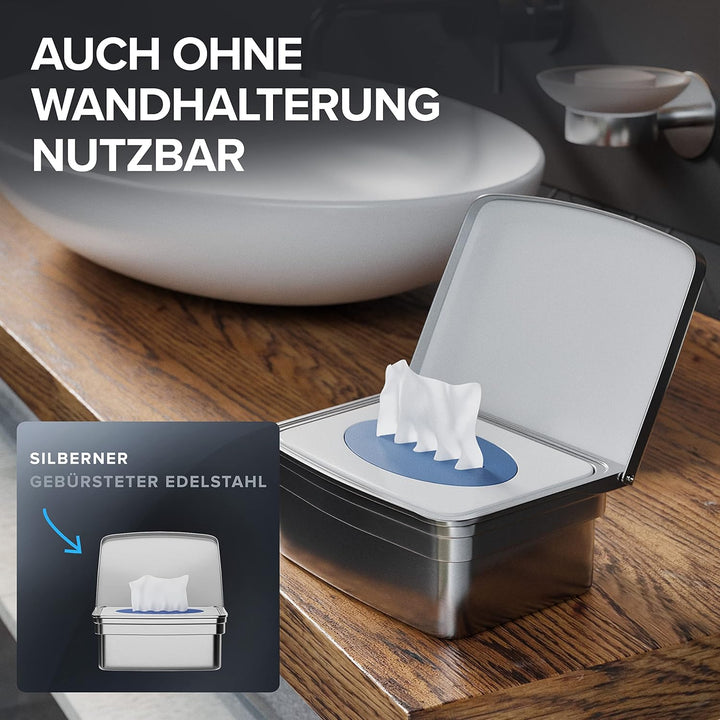 ovimar Feuchttücher Box mit Deckel Egense | in edlem Silber poliertem Edelstahl | ohne Bohren | Dami