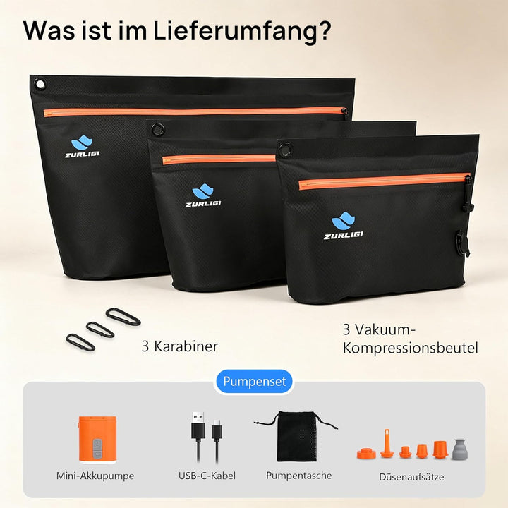Zurligi Reise-Vakuumbeutel mit Pumpe, 3er-Set, IPX8 wasserdichte & robuste TPU Vakuum-Kompressionsbe
