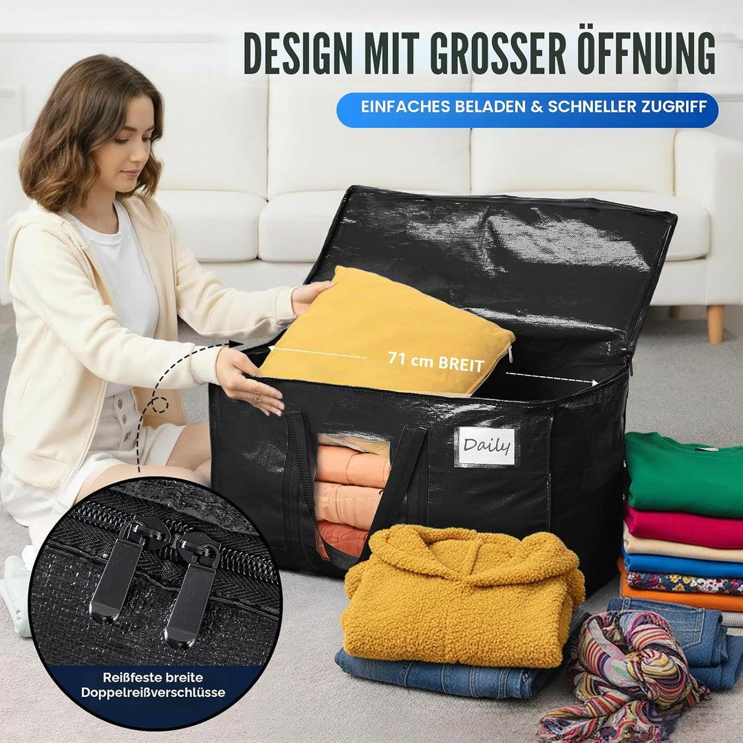 TAILI Extra Grosse Umzugstasche, 4 PCS Aufbewahrungstaschen mit Reissverschluss, Robuste Schwarz gro