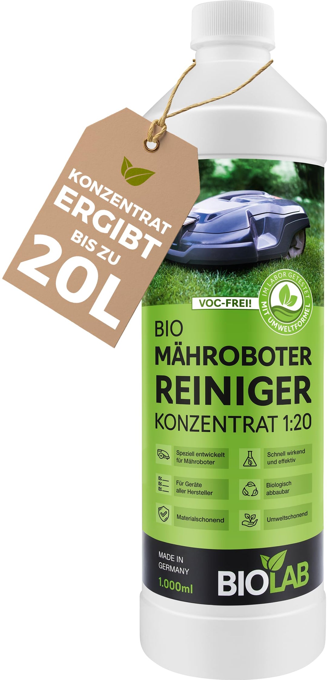 BIOLAB Bio Mähroboter Reiniger (1000 ml Konzentrat) zur Rasenmäher Roboter Reinigung, passend für Ga