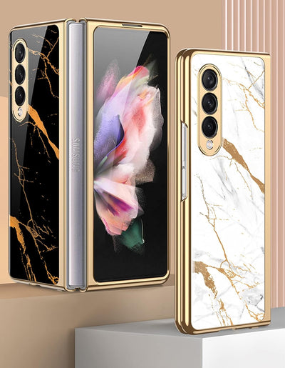 COQUE Galaxy Z Fold 3 5G Hülle,ultradünnes 9H Glas glänzend lackierte Handyhülle,Faltbare Handyhülle