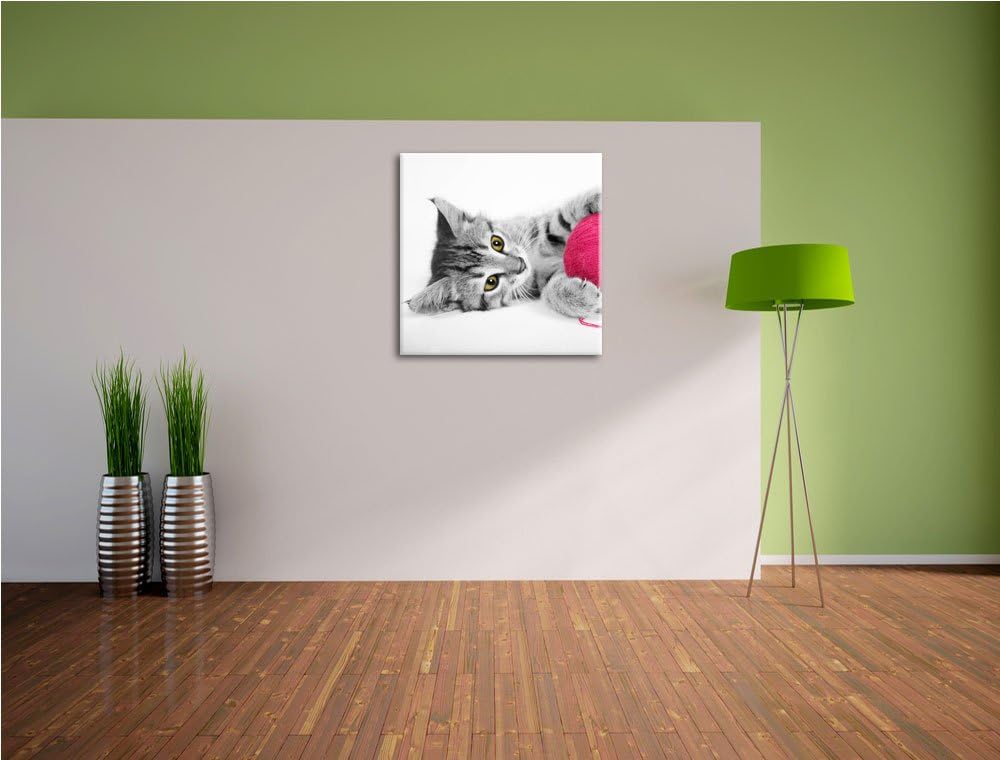 Pixxprint süsses Kätzchen mit Wollknäuel schwarz/weiss, Format: 70x70 auf Leinwand, 70x70